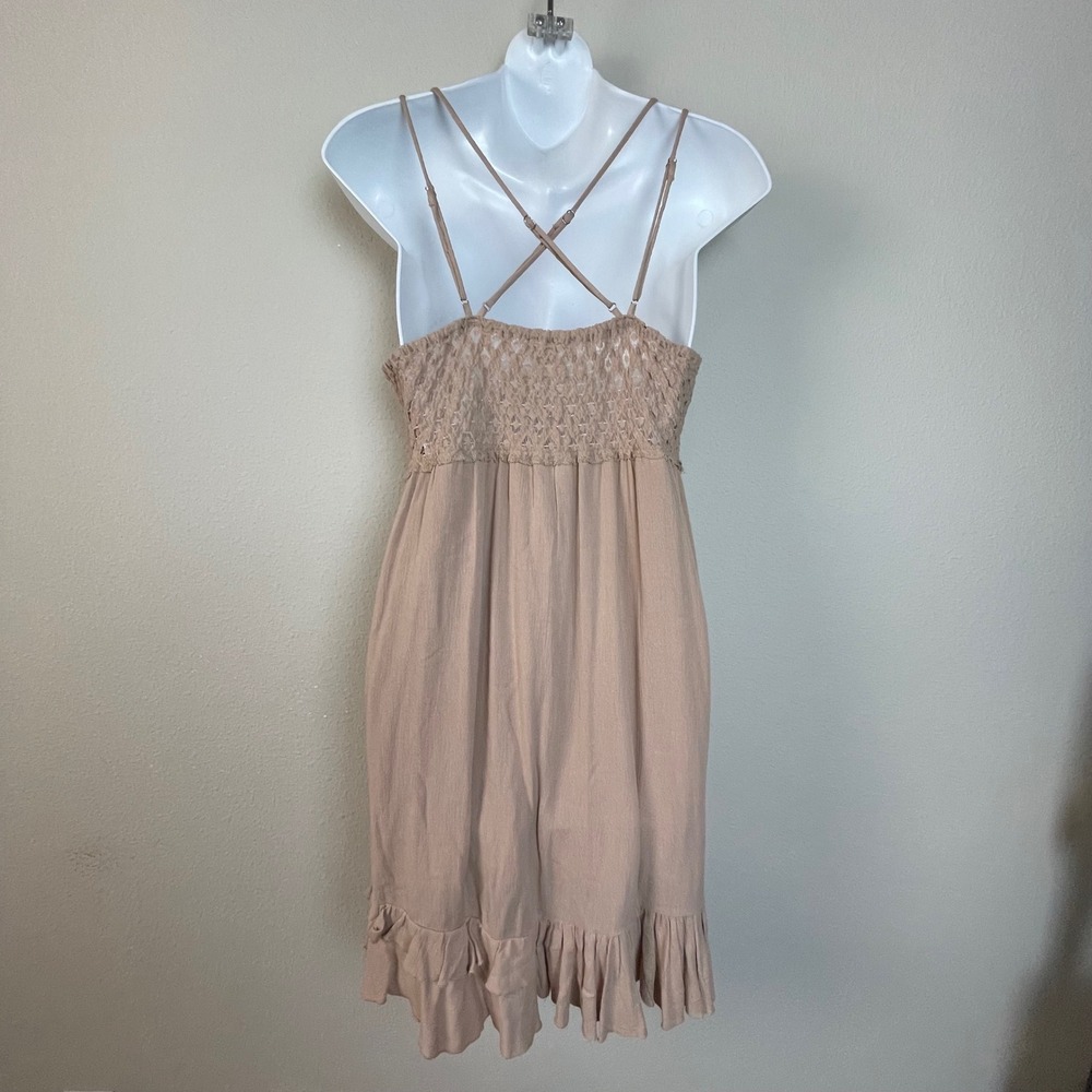 La Miel Lace Trimmed Ruffle Dress Beige Babydoll Boho Festival Size L - Picture 4 of 8
